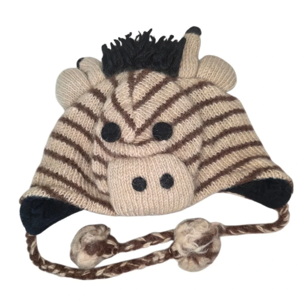 Kids 100% Wool Zebra Animal Beanie Hat Braided Chin Ties Pom Poms Brown